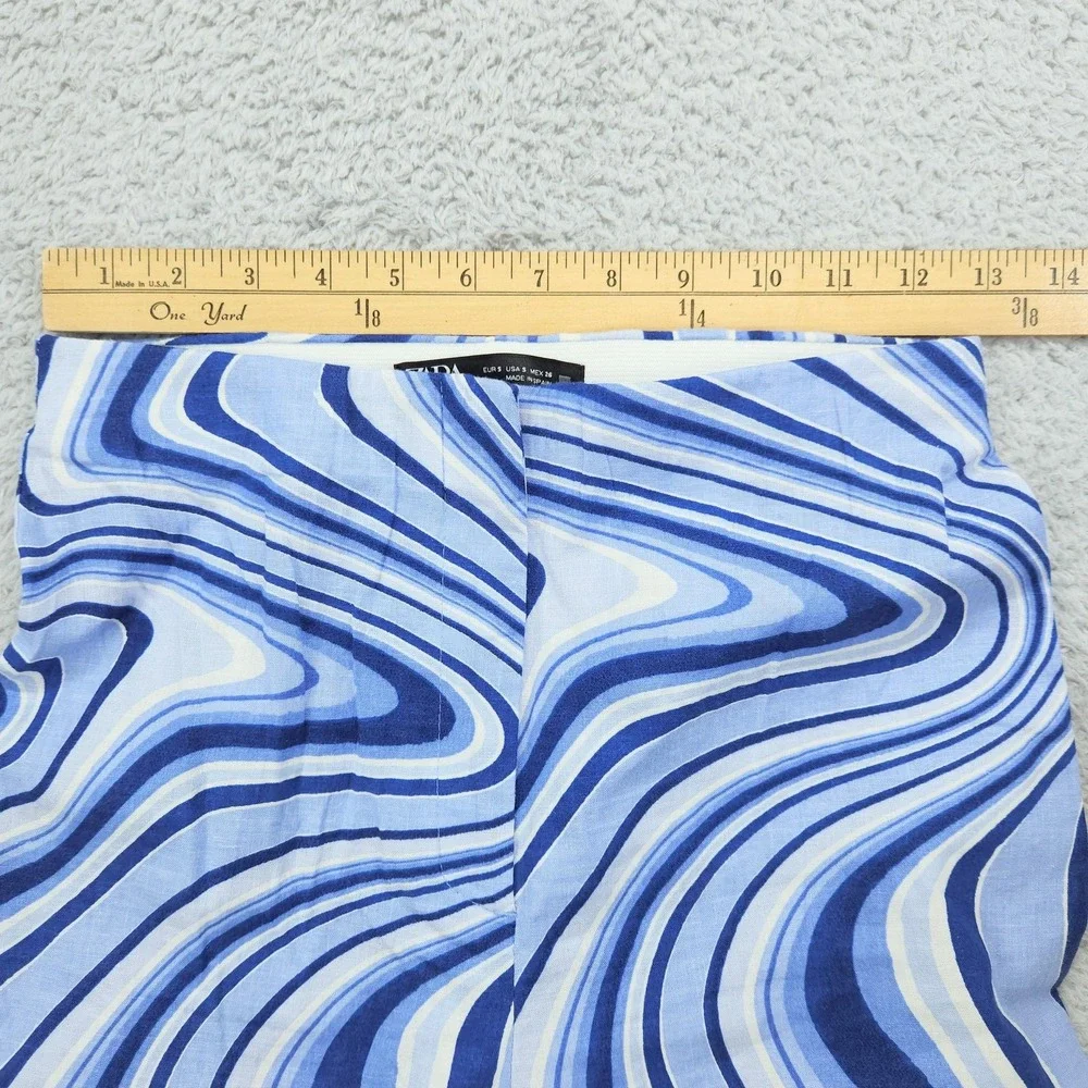 ZARA Womens Linen Blend Pants Sz S Split Hem Blue White Swirl Print Retro Wide
